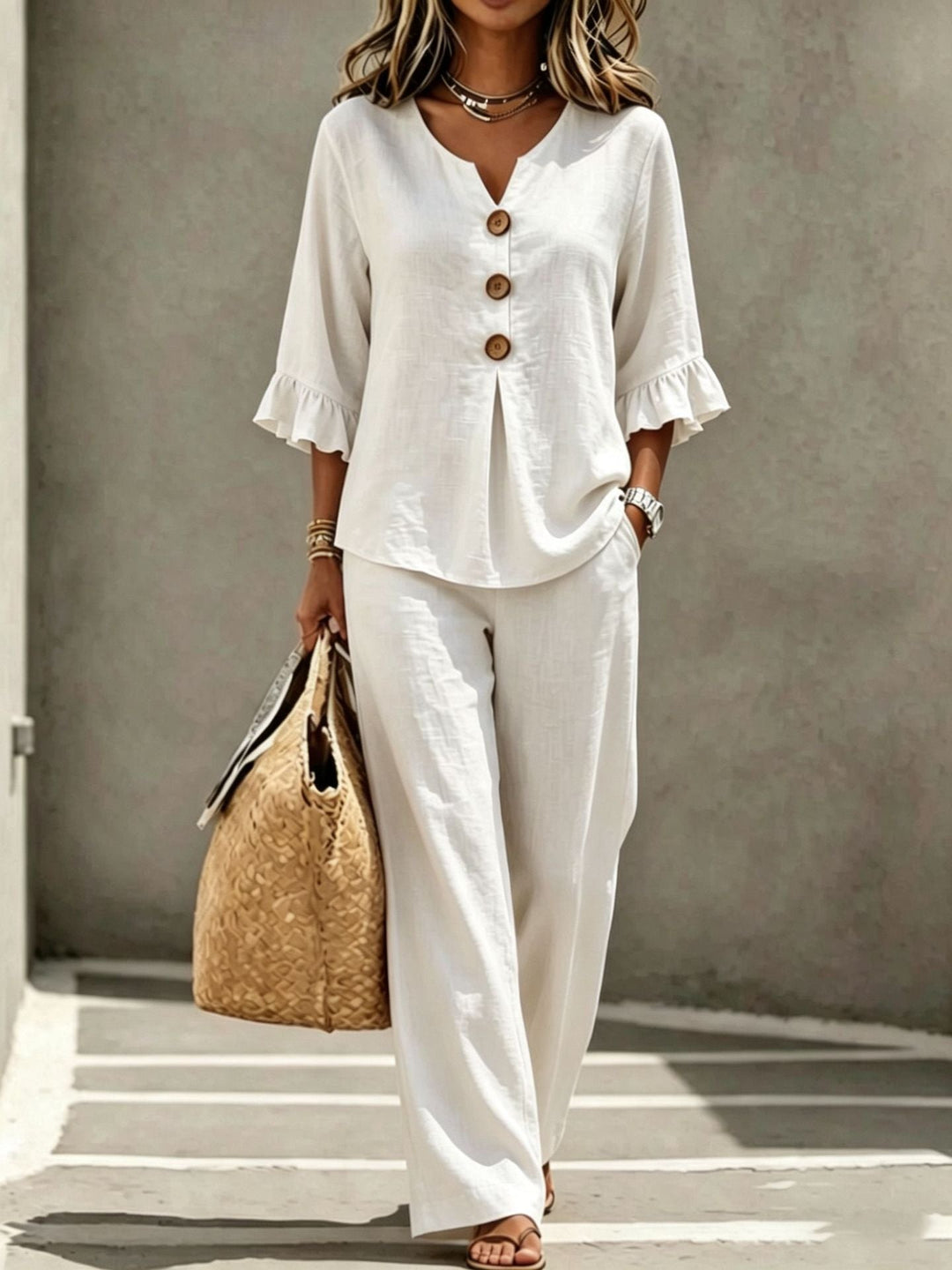 Prynara | Women's Matching Two Piece Set Linen Ruffle Sleeve Wide-Leg — White