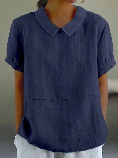 Prynolde | Women's Pan Collar Relaxed Linen Casual Blouse — Dark Blue