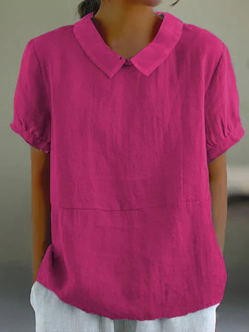 Prynolde | Women's Pan Collar Relaxed Linen Casual Blouse — Fuchsia