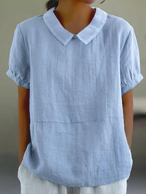 Prynolde | Women's Pan Collar Relaxed Linen Casual Blouse — Light Blue