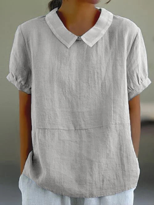 Prynolde | Women's Pan Collar Relaxed Linen Casual Blouse — Light Grey