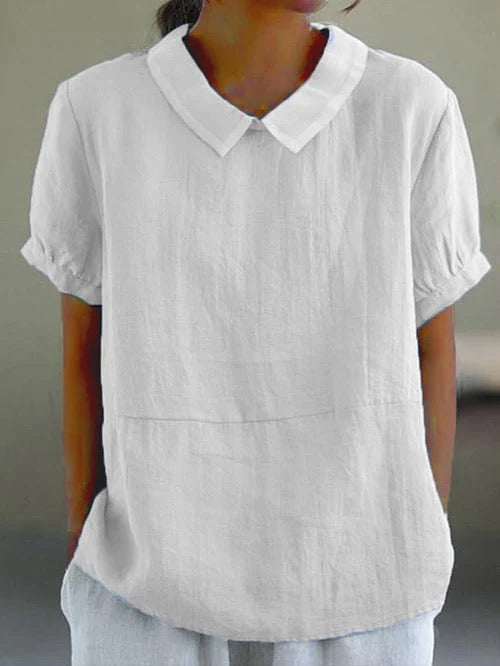 Prynolde | Women's Pan Collar Relaxed Linen Casual Blouse — White