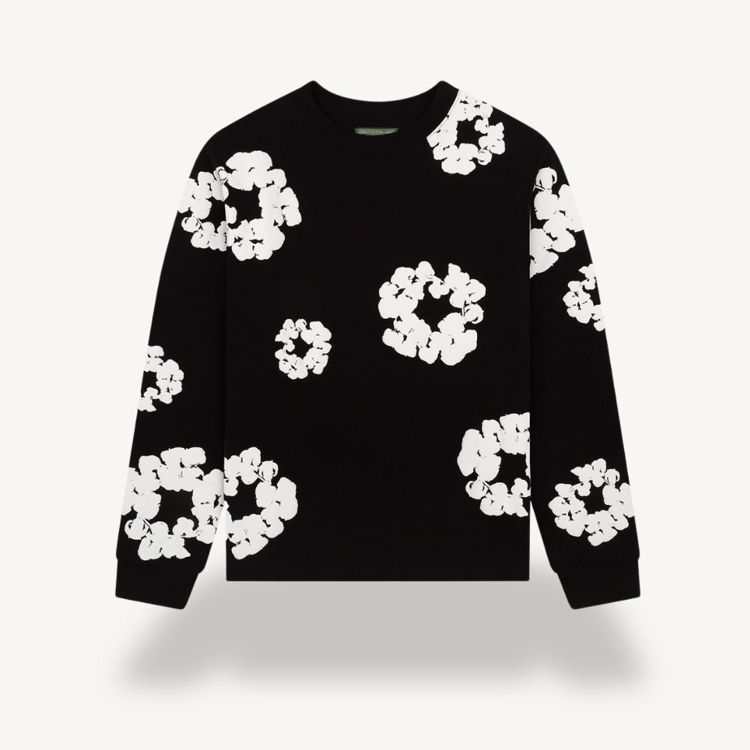 Renata | Women's Button-Up Unisex Floral Sweatshirt - Casual Crew Neck Design — Black