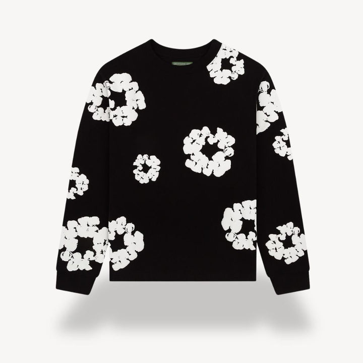Renata | Women's Button-Up Unisex Floral Sweatshirt - Casual Crew Neck Design — Black