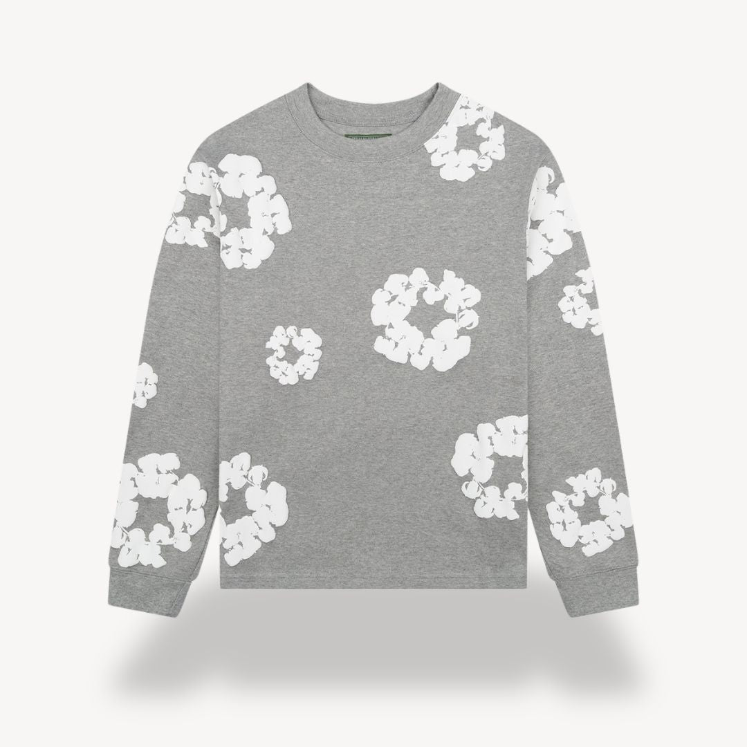 Renata | Women's Button-Up Unisex Floral Sweatshirt - Casual Crew Neck Design — Gray