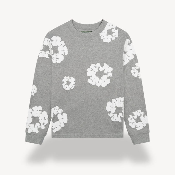 Renata | Women's Button-Up Unisex Floral Sweatshirt - Casual Crew Neck Design — Gray