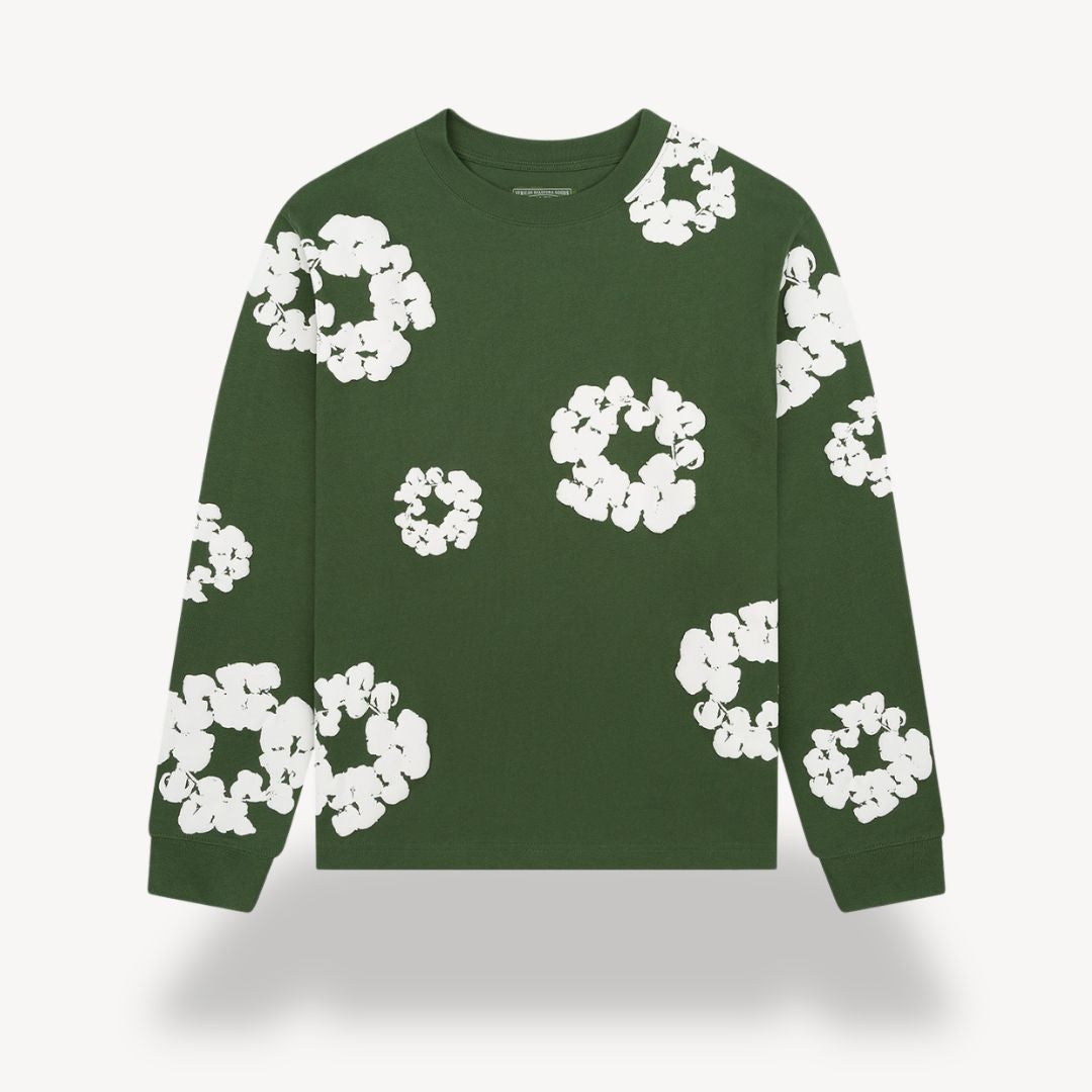 Renata | Women's Button-Up Unisex Floral Sweatshirt - Casual Crew Neck Design — Green