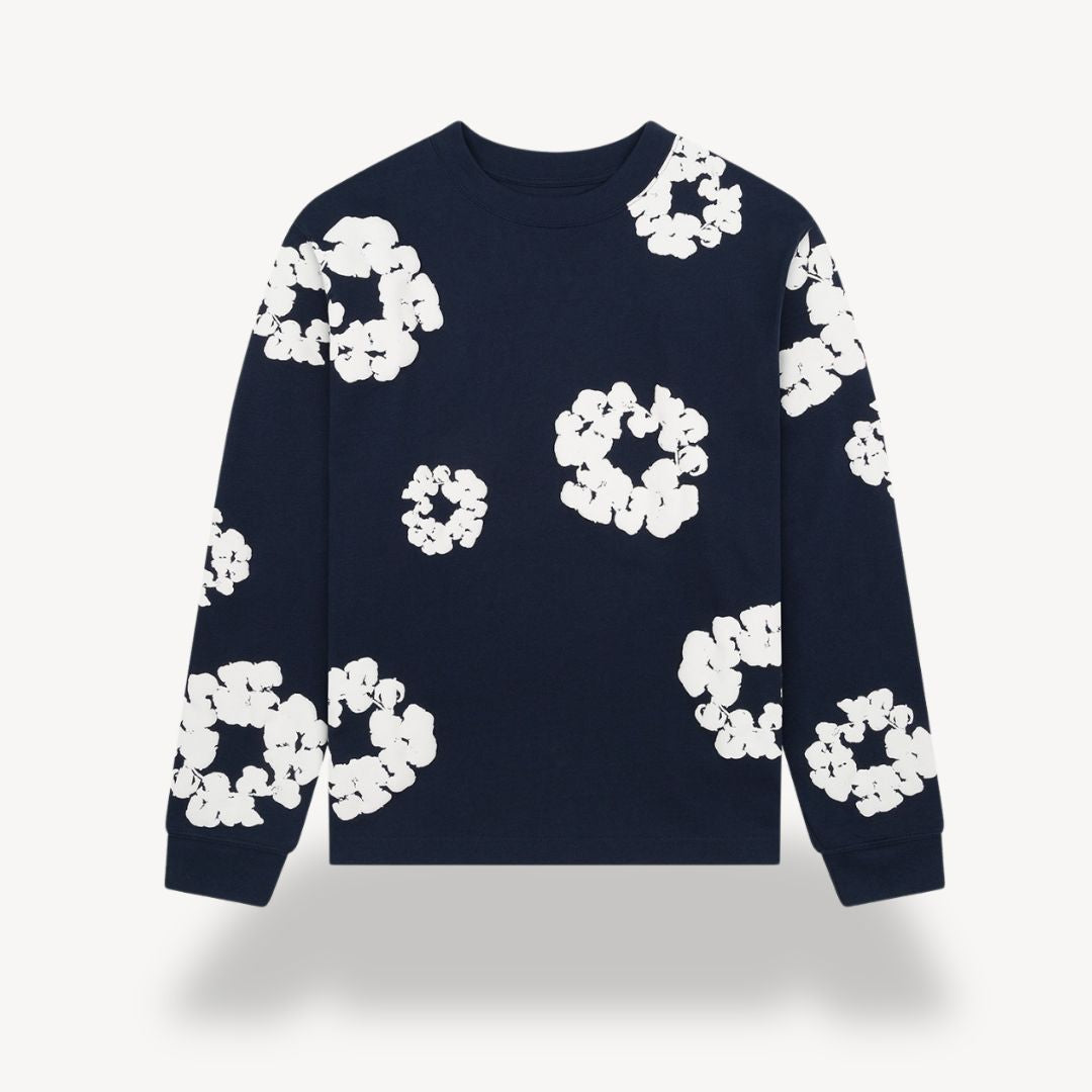 Renata | Women's Button-Up Unisex Floral Sweatshirt - Casual Crew Neck Design — Navy Blue