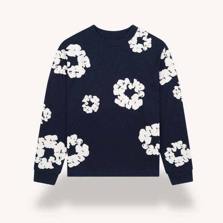 Renata | Women's Button-Up Unisex Floral Sweatshirt - Casual Crew Neck Design — Navy Blue