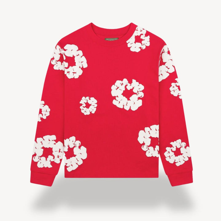 Renata | Women's Button-Up Unisex Floral Sweatshirt - Casual Crew Neck Design — Red