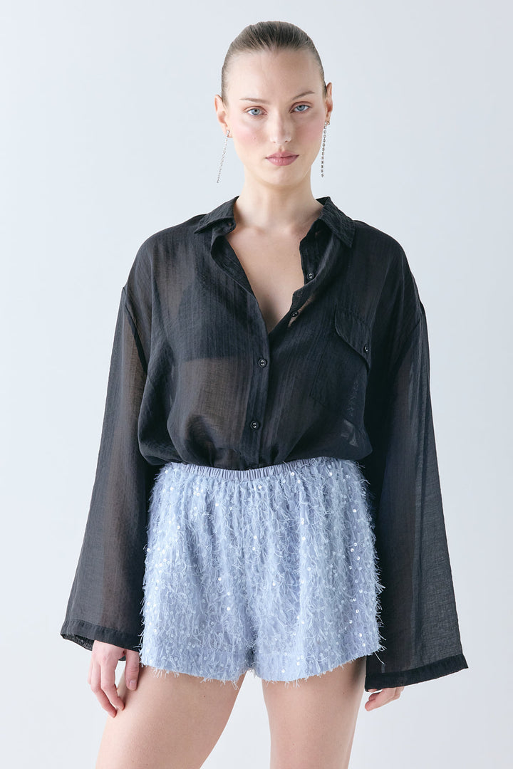 Renethana | Women's High-Waist Sequin Shorts Sky — 1
