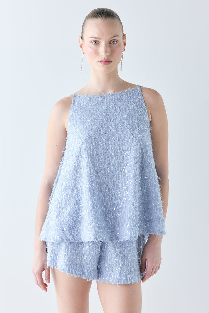 Renethana | Women's High-Waist Sequin Shorts Sky — 2