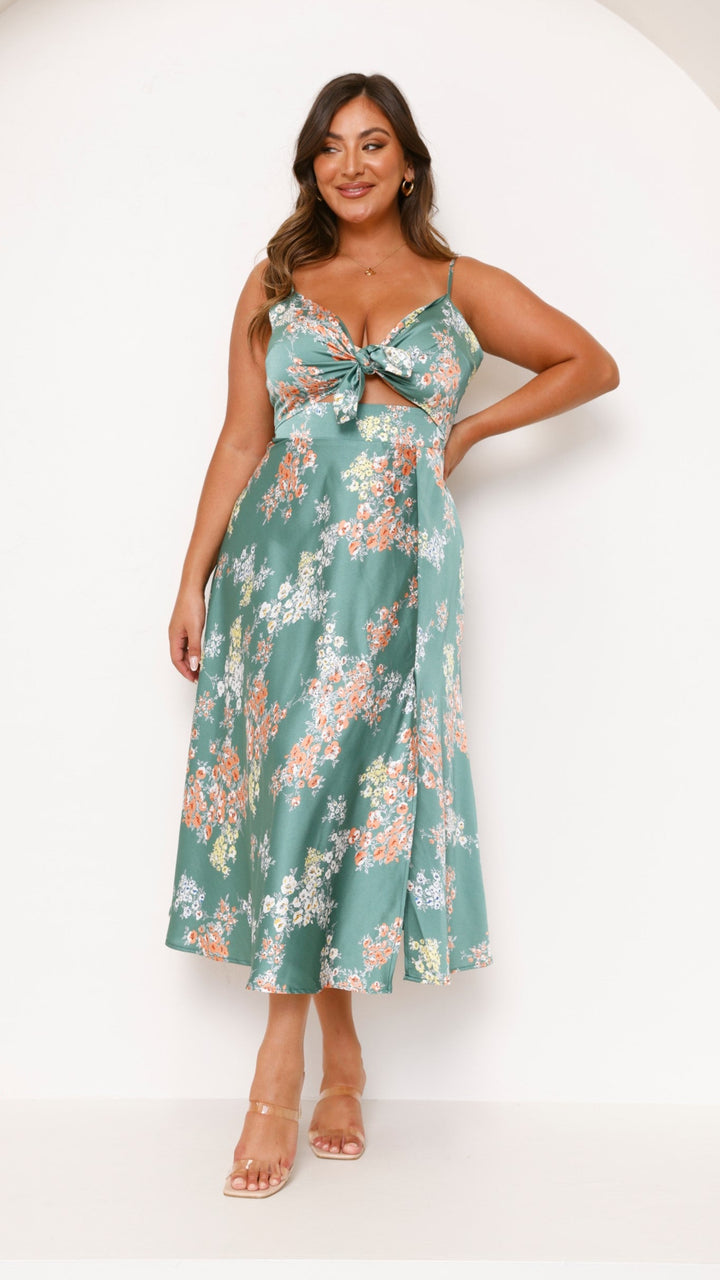 Renethara | Women's Elegant Midi Dress - Green Floral — 2