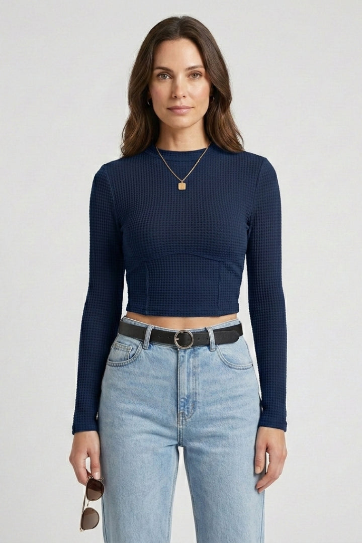 Renethbelle | Women's Casual Stretch Trendy Fitted Crop Top with Long Sleeve and High Round Neckline — Royal Blue