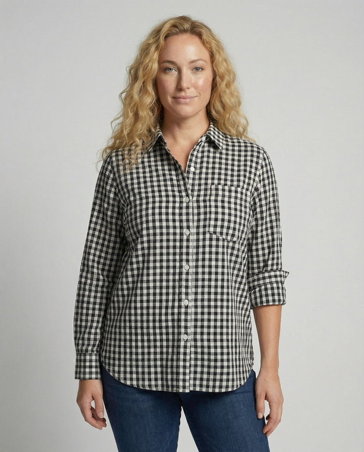 Renethetta | Women's Linen Casual Oversized Plaid Shirt Blouse — Black