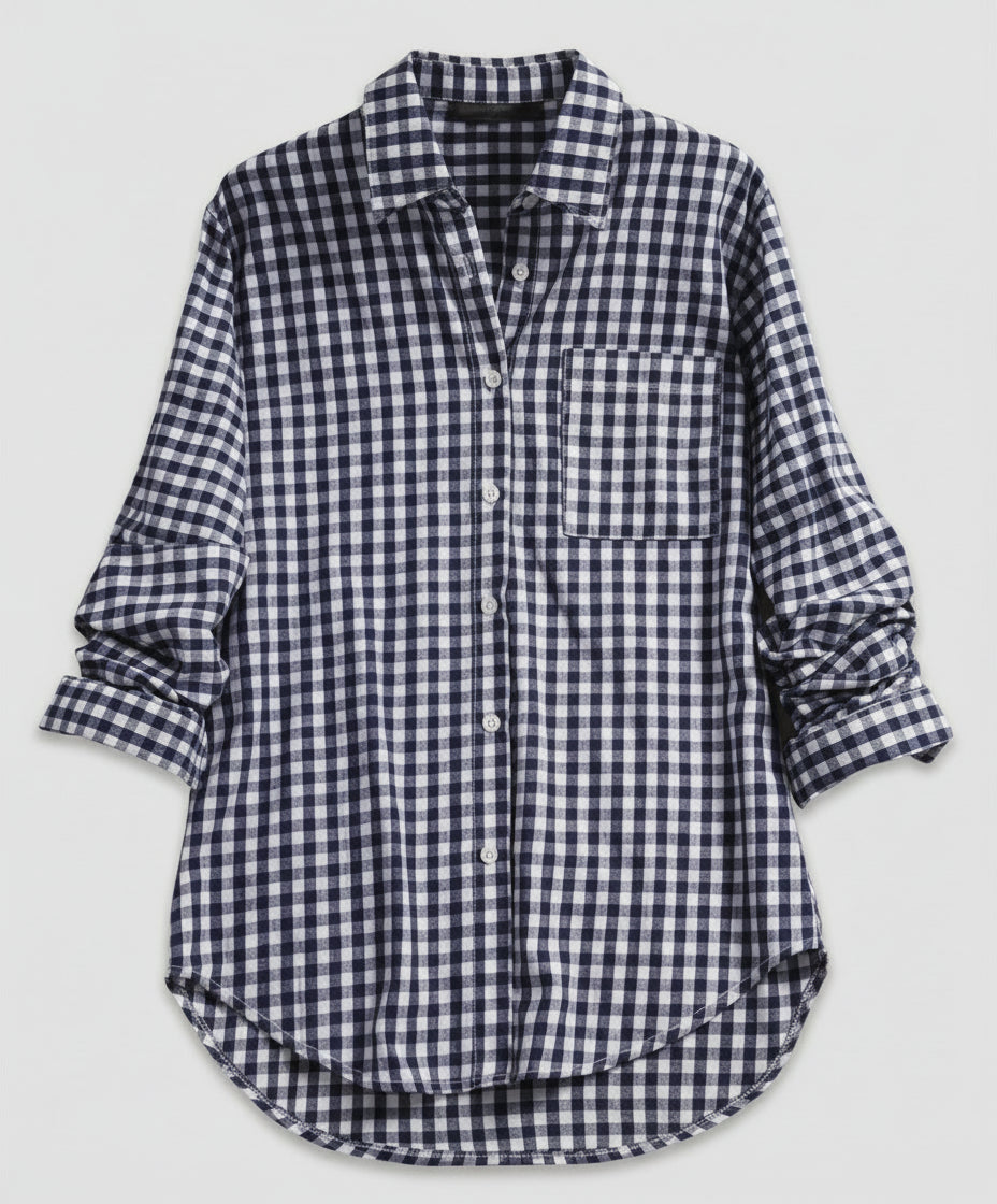 Renethetta | Women's Linen Casual Oversized Plaid Shirt Blouse — Dark blue