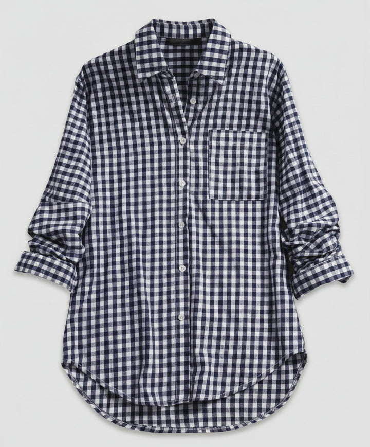 Renethetta | Women's Linen Casual Oversized Plaid Shirt Blouse — Dark blue