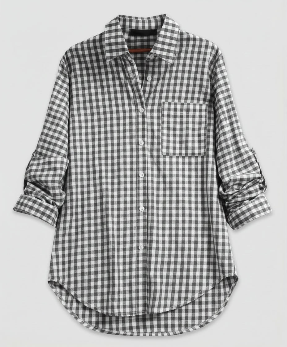Renethetta | Women's Linen Casual Oversized Plaid Shirt Blouse — Gray