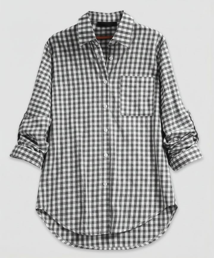 Renethetta | Women's Linen Casual Oversized Plaid Shirt Blouse — Gray