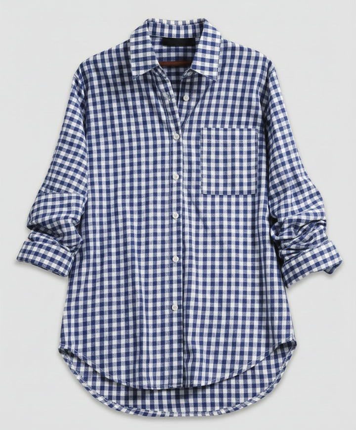 Renethetta | Women's Linen Casual Oversized Plaid Shirt Blouse — Light blue