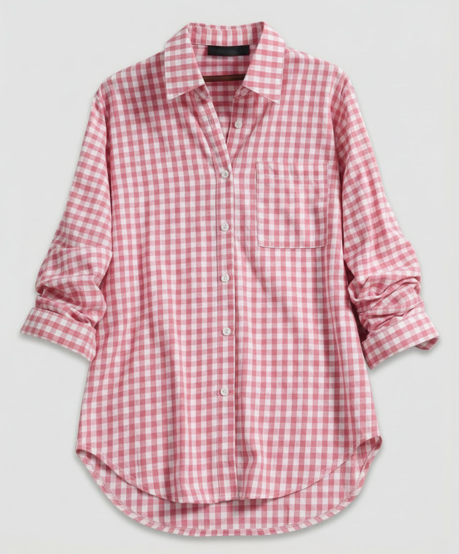 Renethetta | Women's Linen Casual Oversized Plaid Shirt Blouse — Pink