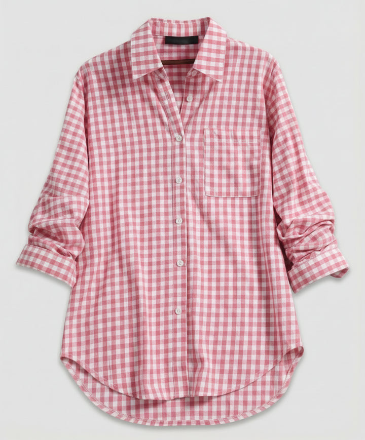 Renethetta | Women's Linen Casual Oversized Plaid Shirt Blouse — Pink