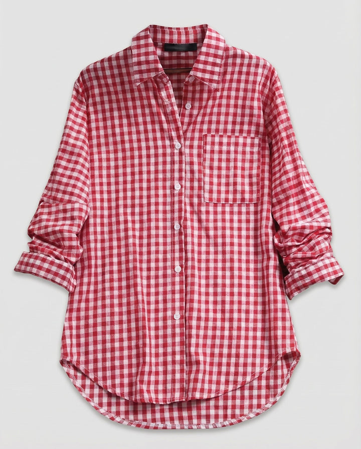 Renethetta | Women's Linen Casual Oversized Plaid Shirt Blouse — Red