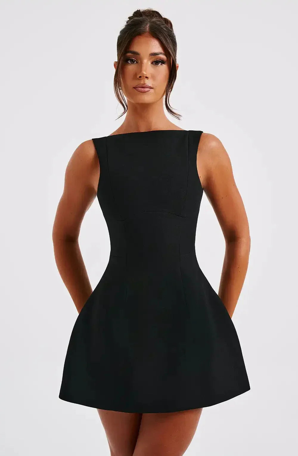 Renethreth | Women's Elegant Boat Neck Fit Flare Sleeveless Mini Dress — Black