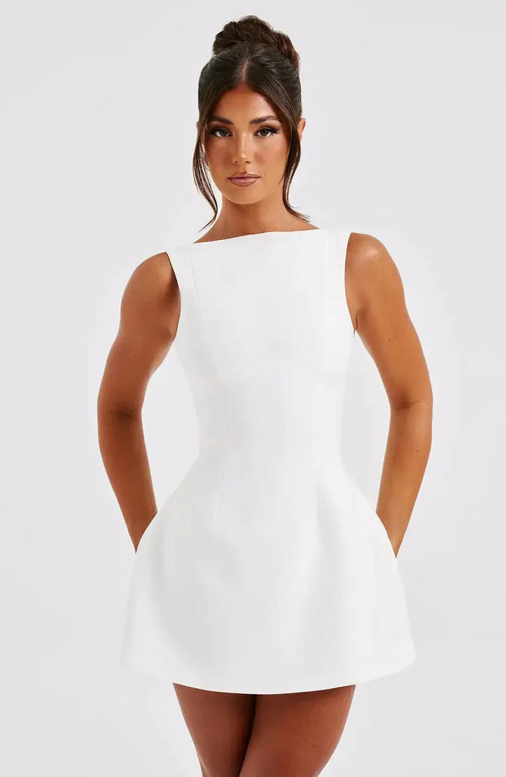 Renethreth | Women's Elegant Boat Neck Fit Flare Sleeveless Mini Dress — White
