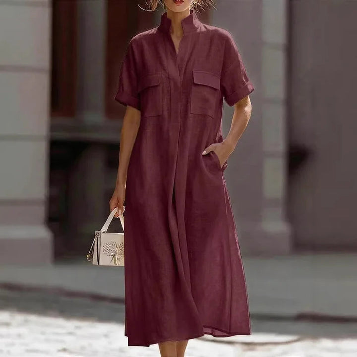 Renethsia | Women's Effortlessly Elegant Airy Linen Midi Dress — Burgundy