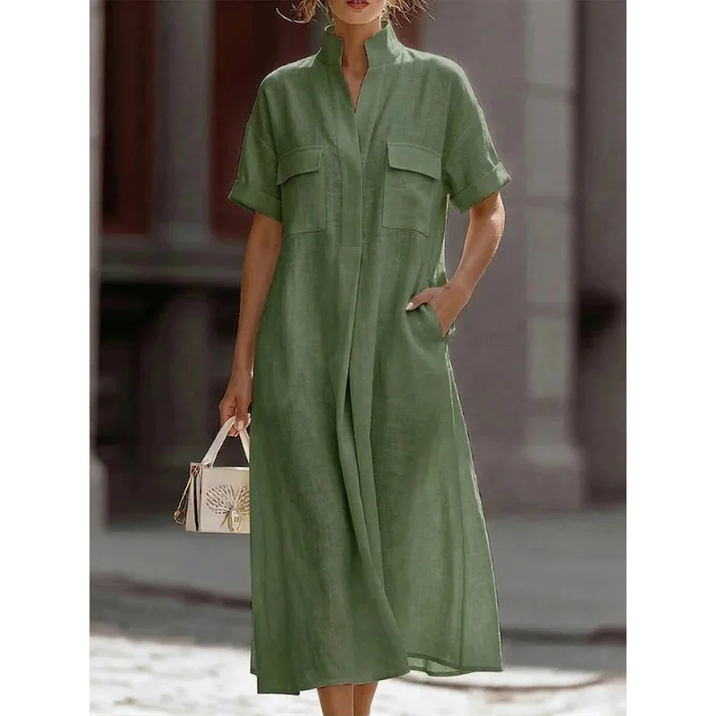 Renethsia | Women's Effortlessly Elegant Airy Linen Midi Dress — Green