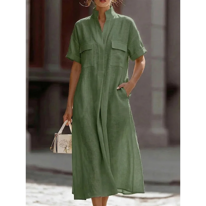 Renethsia | Women's Effortlessly Elegant Airy Linen Midi Dress — Green
