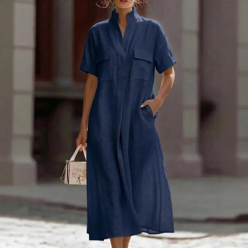 Renethsia | Women's Effortlessly Elegant Airy Linen Midi Dress — Navy Blue