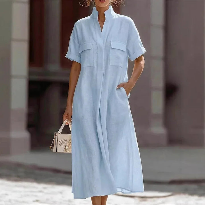 Renethsia | Women's Effortlessly Elegant Airy Linen Midi Dress — Sky Blue