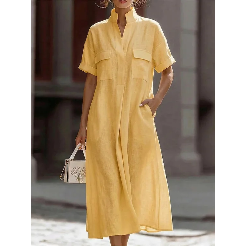 Renethsia | Women's Effortlessly Elegant Airy Linen Midi Dress — Yellow