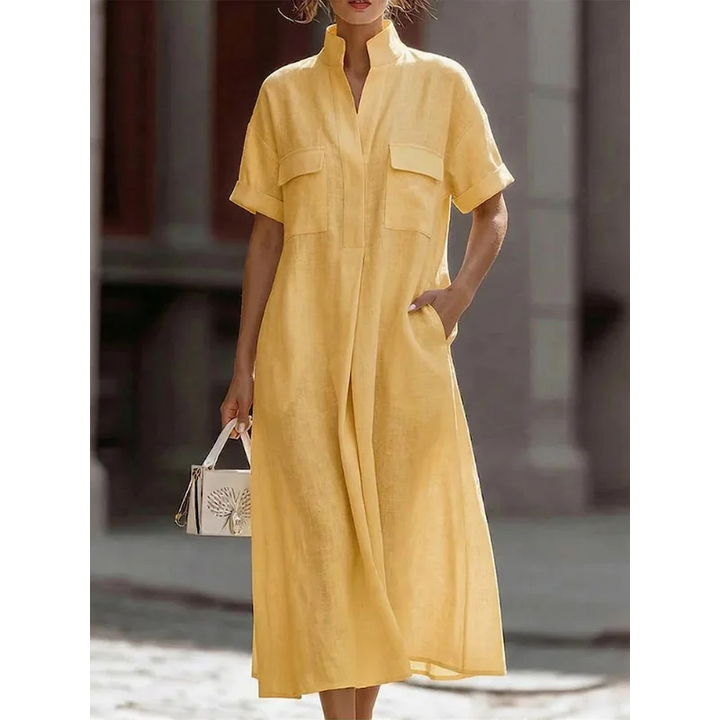 Renethsia | Women's Effortlessly Elegant Airy Linen Midi Dress — Yellow