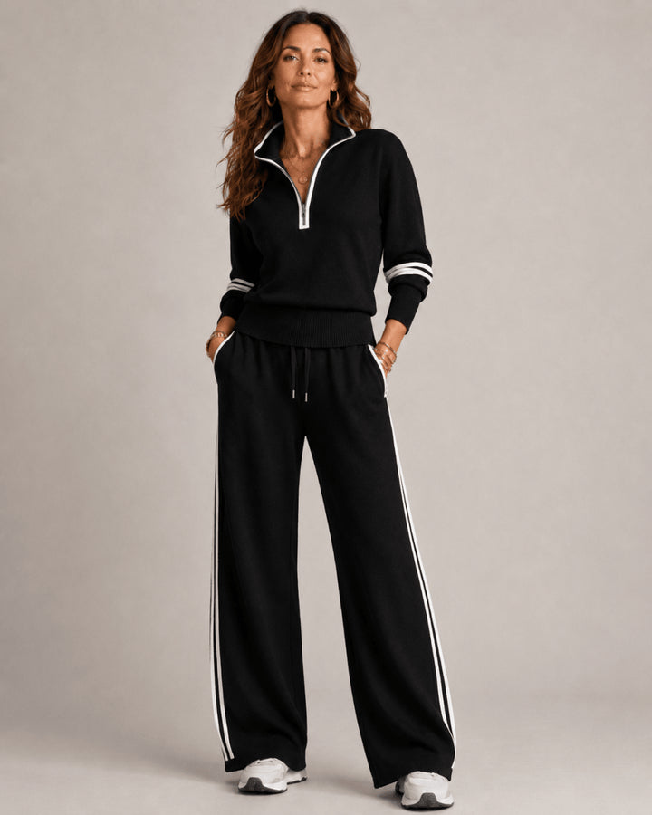 Renethvia | Women's Casual Stretch Chic Zip-Up Top Set — Black