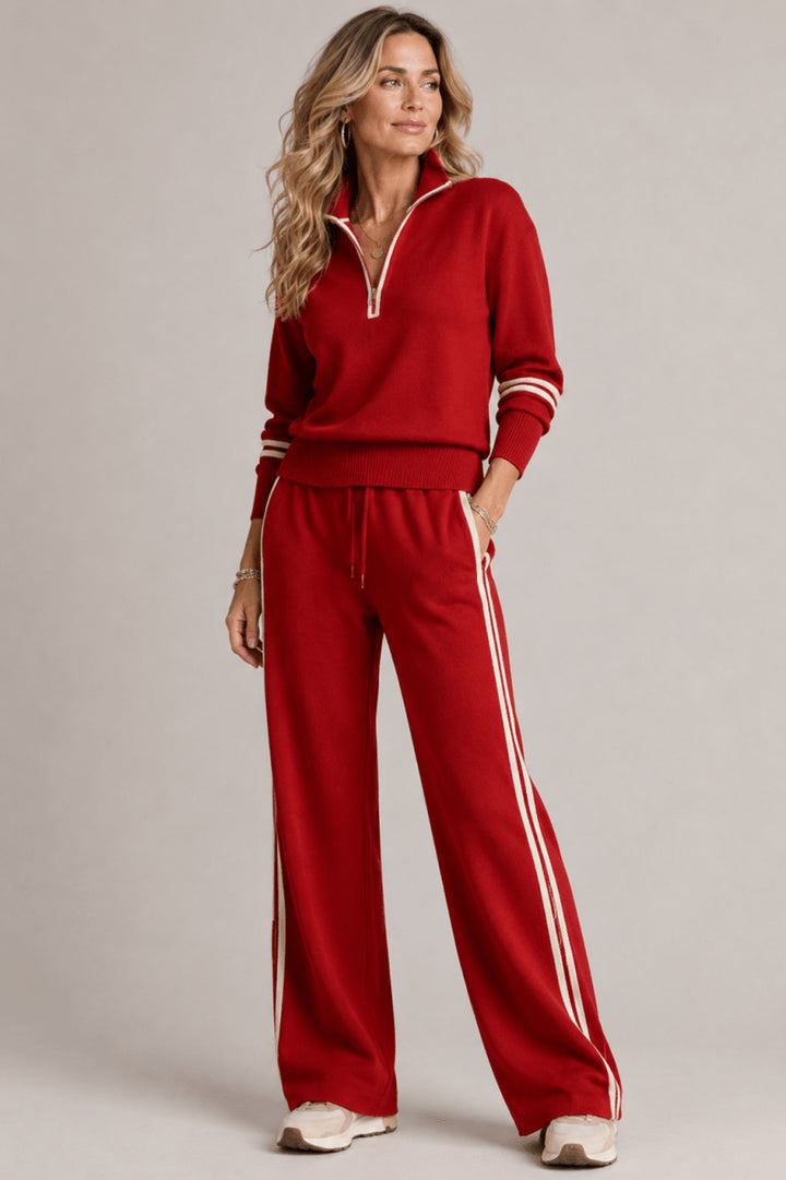 Renethvia | Women's Casual Stretch Chic Zip-Up Top Set — Red
