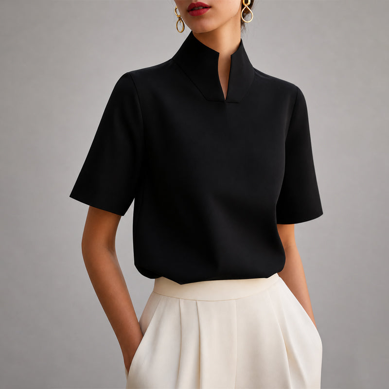 Rheasia | Women's Mock Neck Structured Linen Blend Blouse, Everyday Office