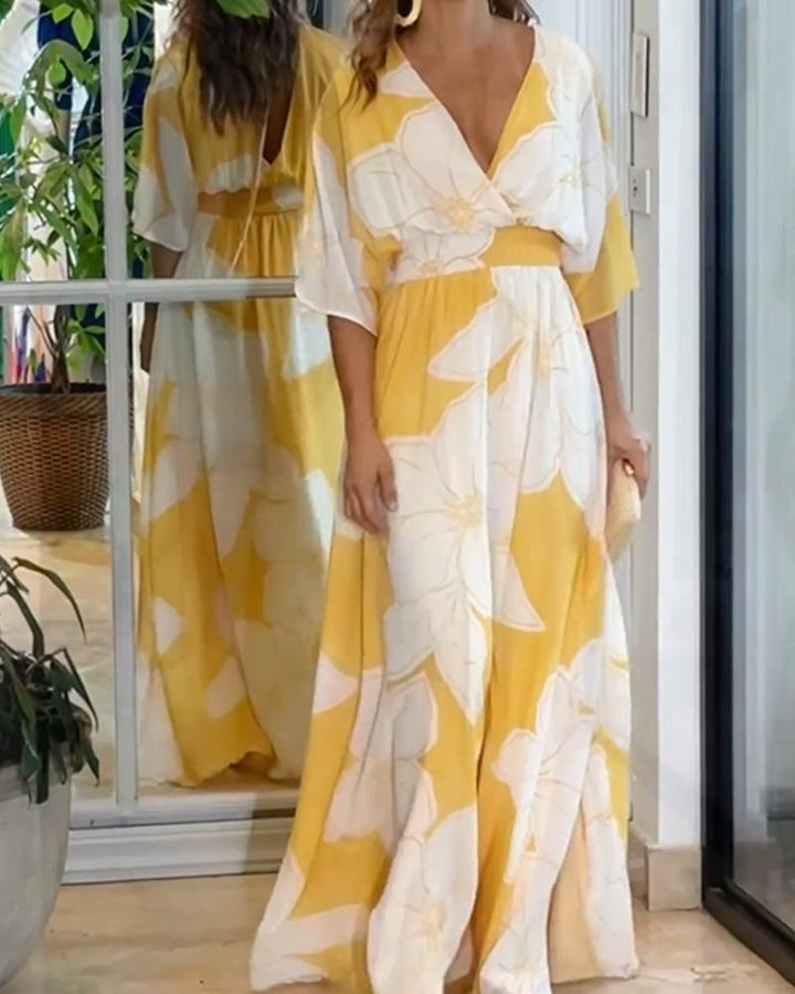 Rillacine | Women's Maxi Elegant Floral Print Dress with Chic Contrast Detailing — Yellow