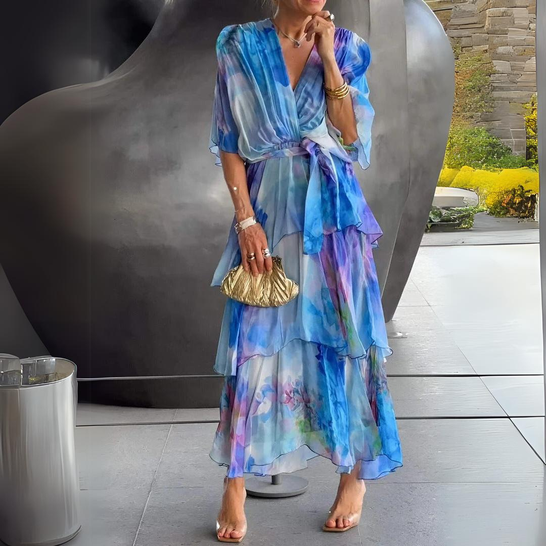 Rilladora | Women's Elegant Flowy Draped Cocktail Dress — Blue