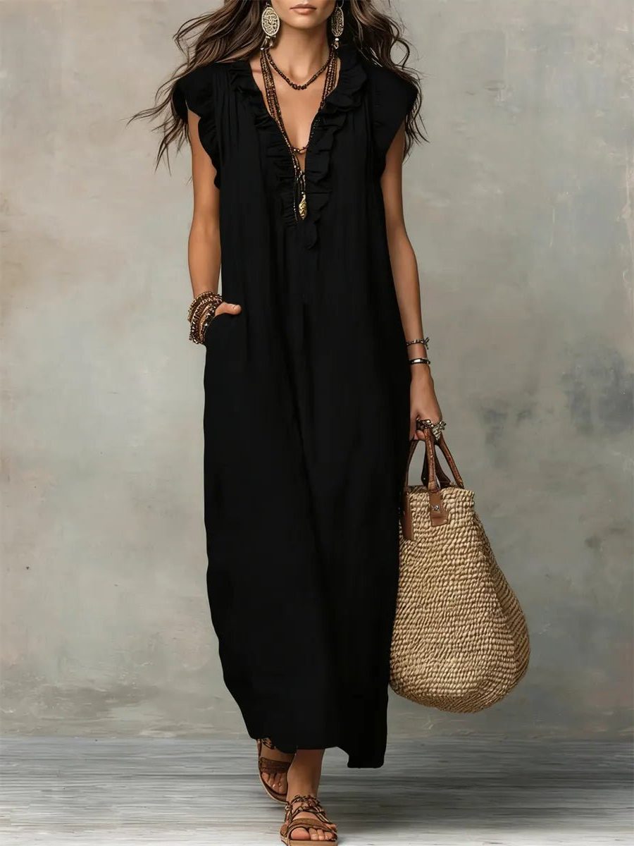 Rillaelle | Women's Elegant Maxi Dress with V-Neck and Flutter Sleeves for — Black