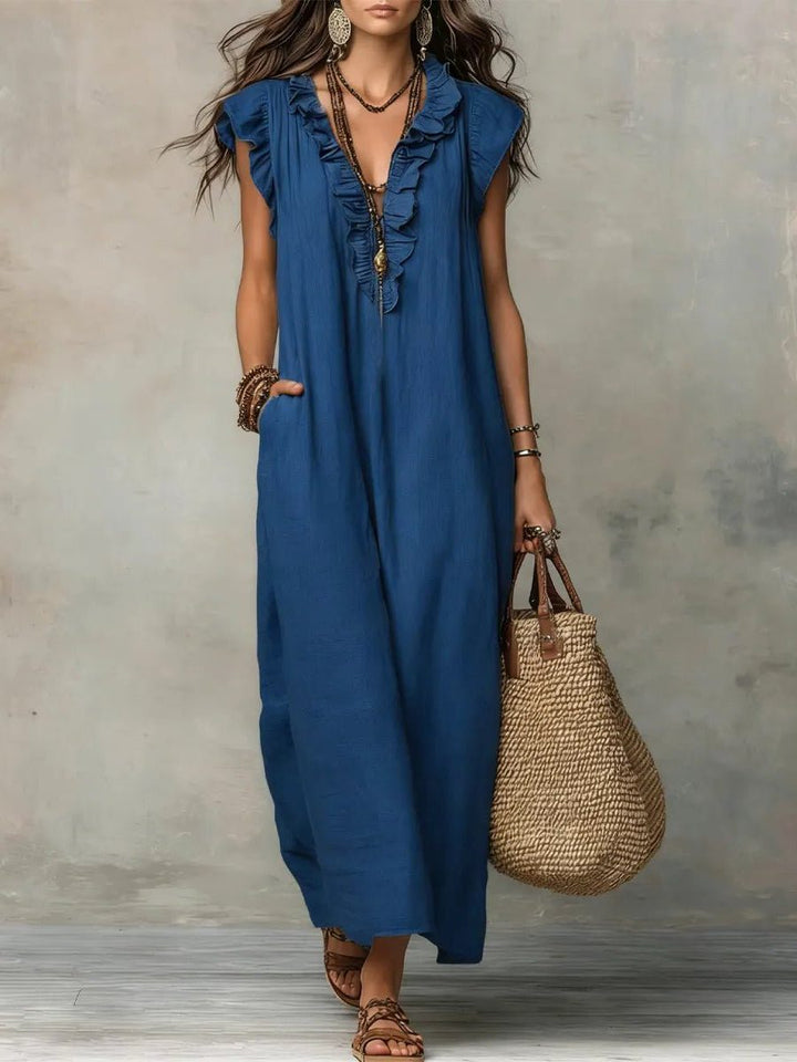 Rillaelle | Women's Elegant Maxi Dress with V-Neck and Flutter Sleeves for — Blue