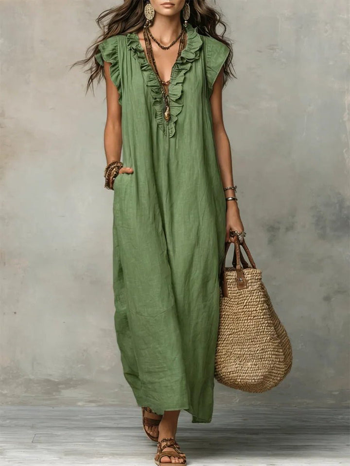 Rillaelle | Women's Elegant Maxi Dress with V-Neck and Flutter Sleeves for — Green