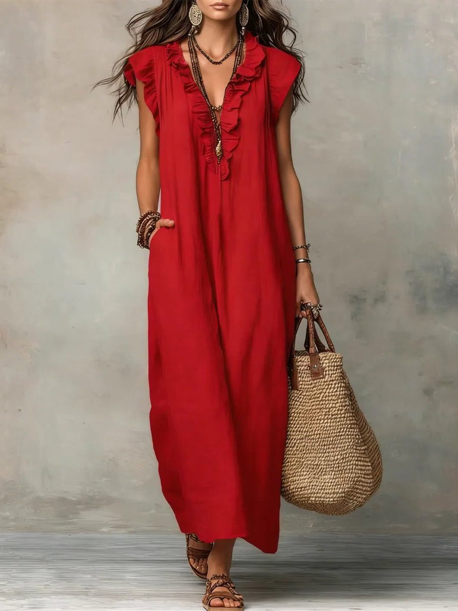 Rillaelle | Women's Elegant Maxi Dress with V-Neck and Flutter Sleeves for — Red