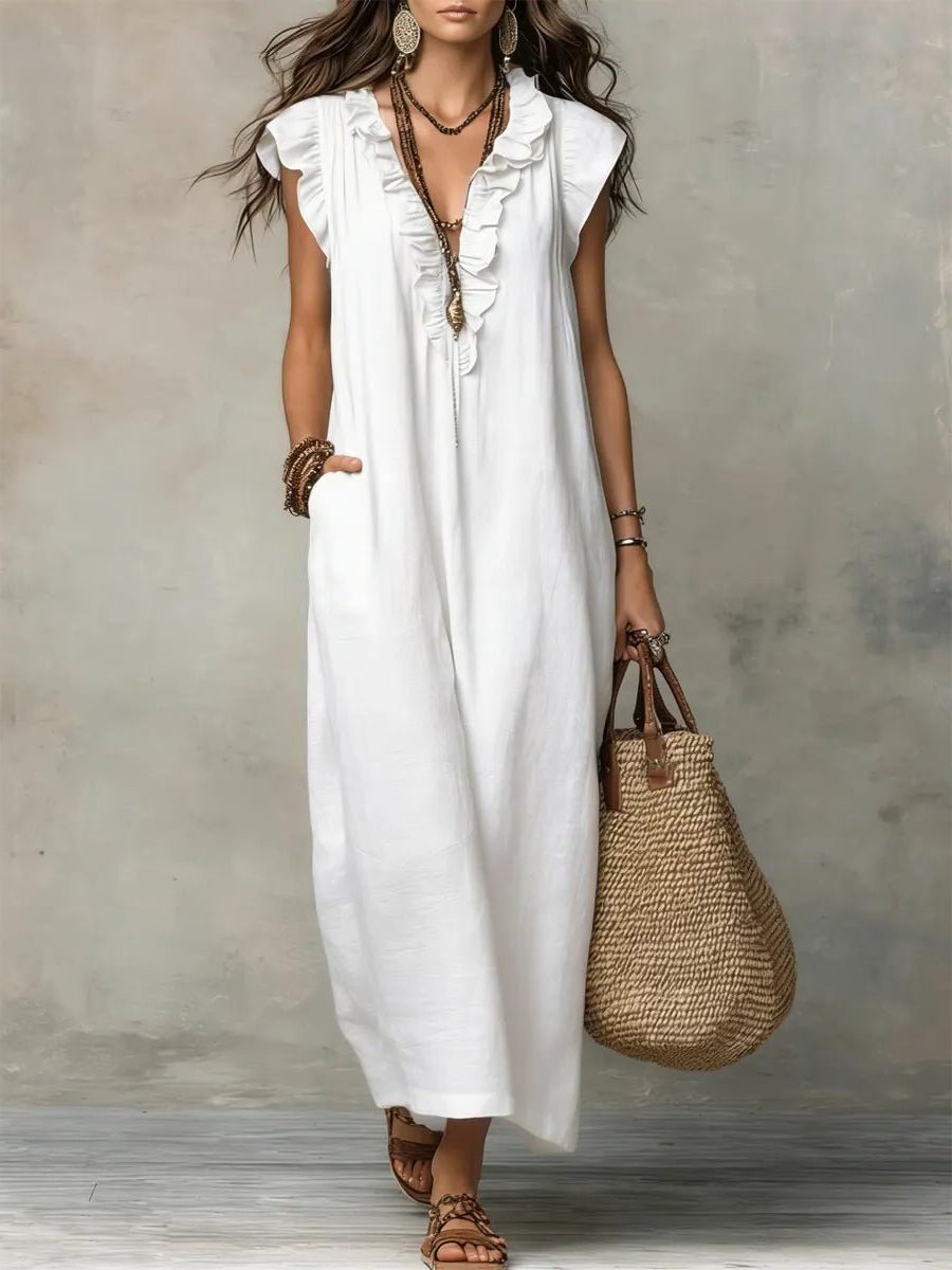Rillaelle | Women's Elegant Maxi Dress with V-Neck and Flutter Sleeves for — White