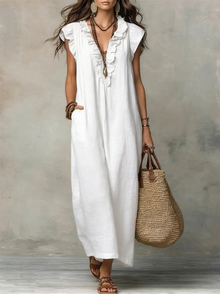 Rillaelle | Women's Elegant Maxi Dress with V-Neck and Flutter Sleeves for — White