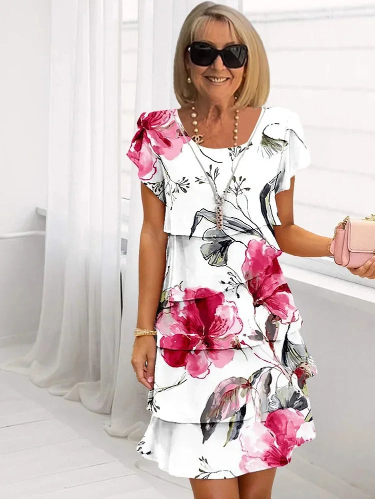 Rillanova | Women's Elegant Ruffled Floral Midi Dress — White