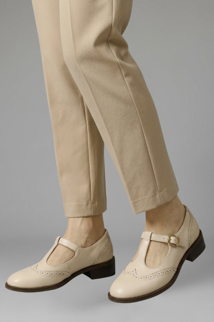 Romy | Women's Comfort Slip-On Mary Jane Shoes with T Strap Closure for Everyday Wear Flats — Beige
