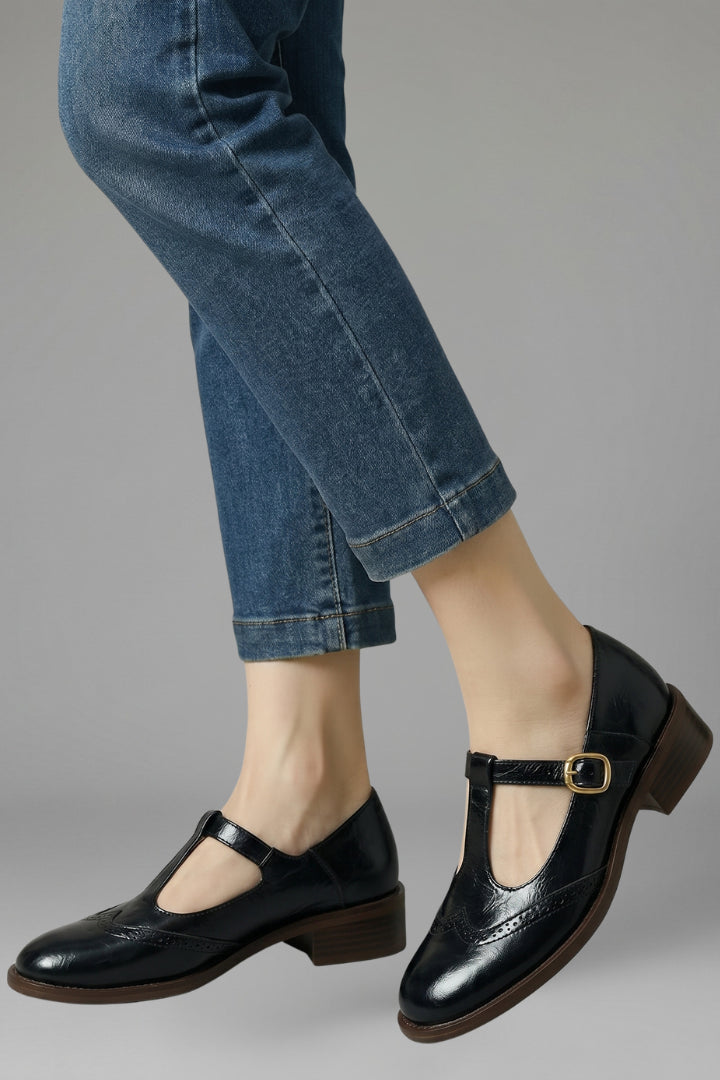 Romy | Women's Comfort Slip-On Mary Jane Shoes with T Strap Closure for Everyday Wear Flats — Black